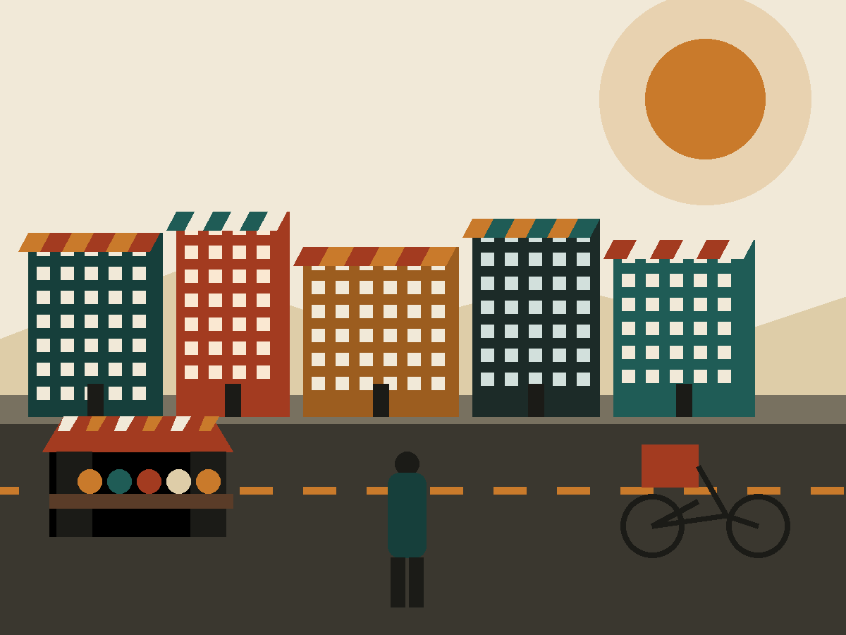 Illustration of a small South African main-street business strip with shopfronts, a market stall and a delivery bicycle