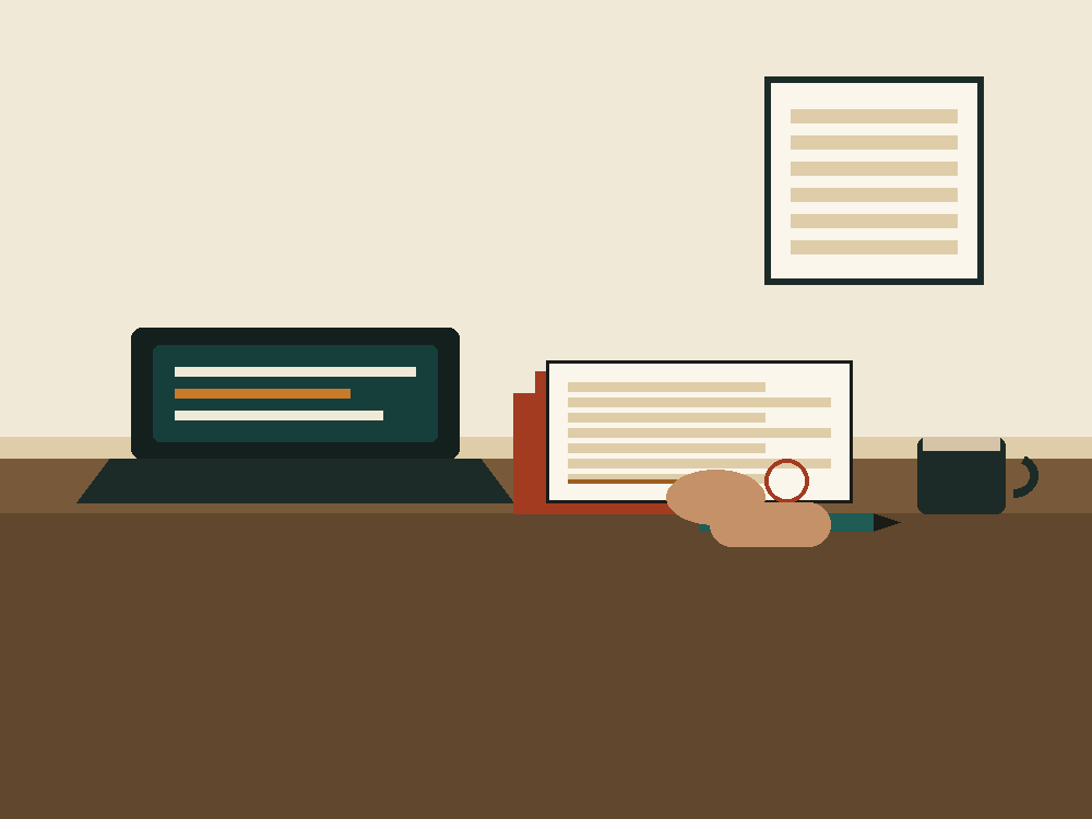 Illustration of a small business owner completing paperwork at a desk with a laptop and folder