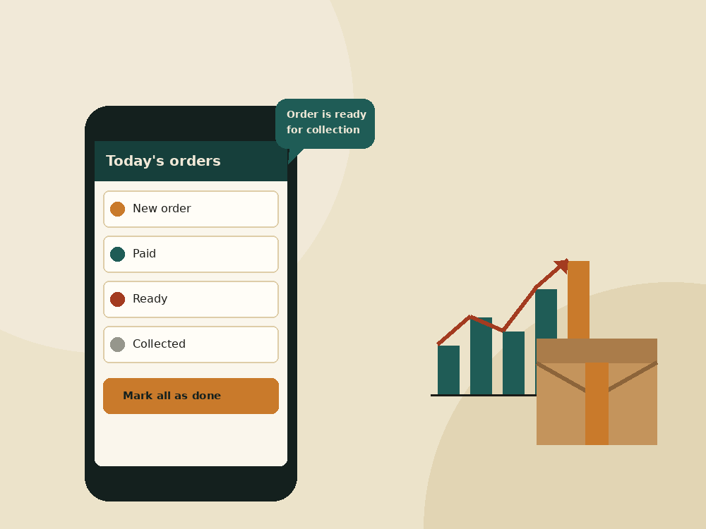 Illustration of a hand holding a phone with a simple sales dashboard, next to a delivery box and growth arrow